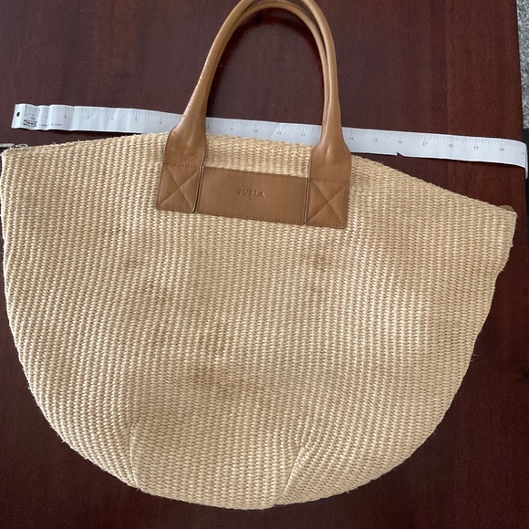 Authentic FURLA - Cream Straw Brown Leather Handbag - Picture 13 of 15